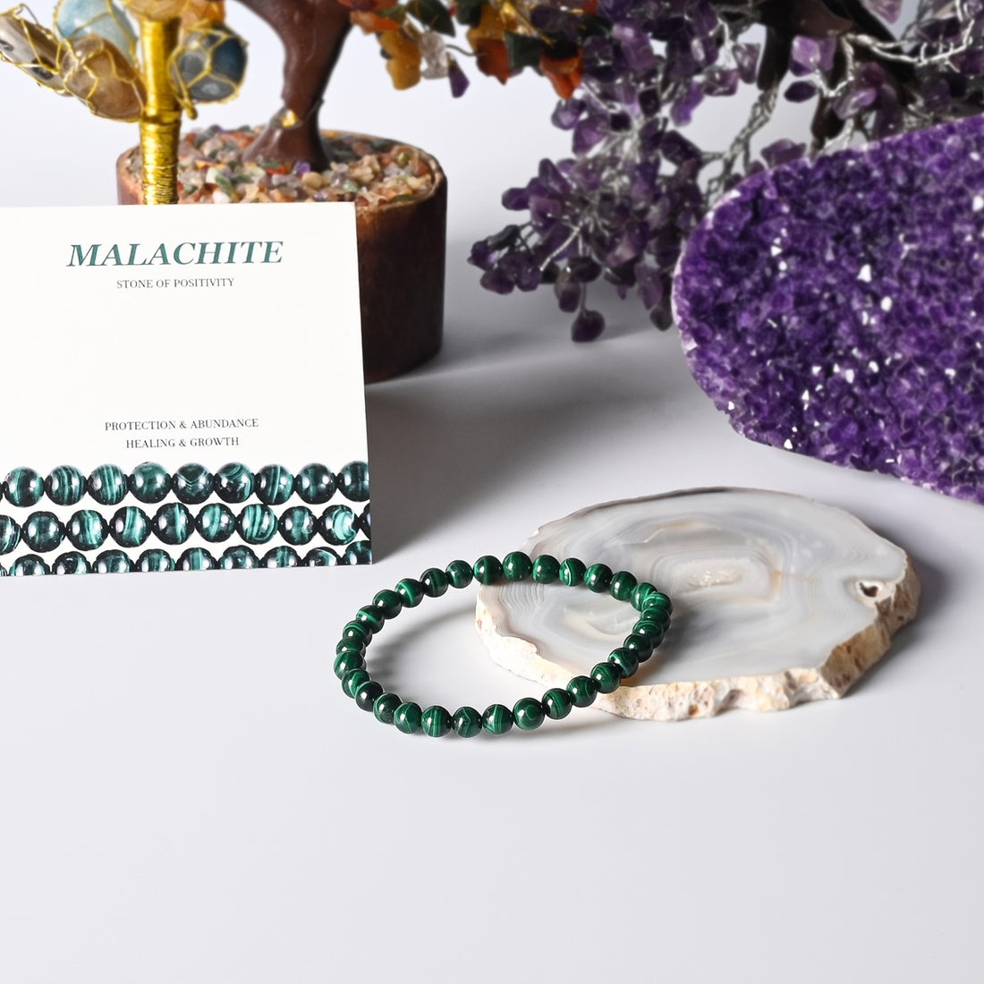 Stylish Malachite Stretch Bracelet featuring 6mm beads, radiating positivity and elegance, beautifully adorning the wrist