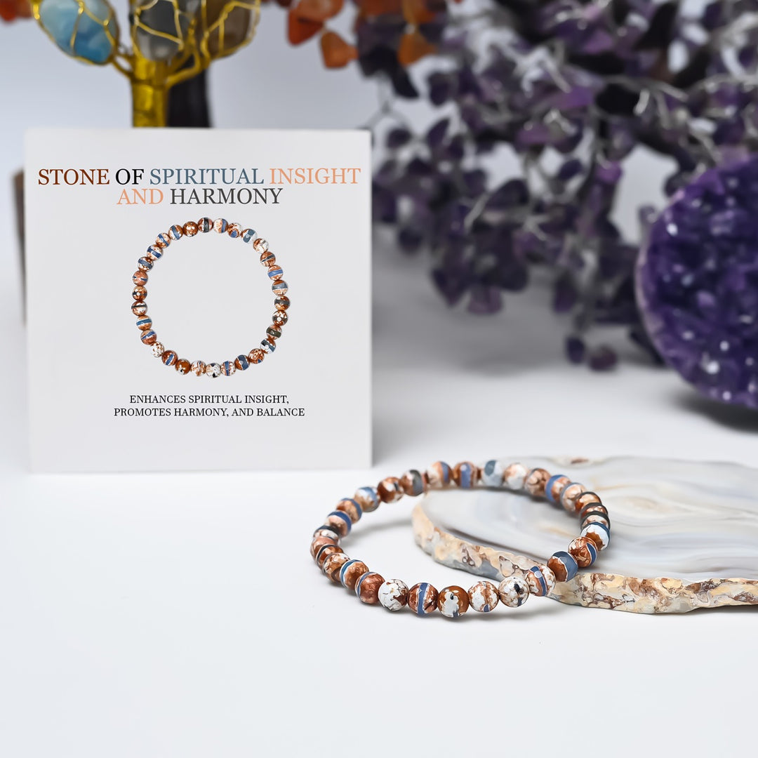 Artistic representation symbolizing spiritual insight, featuring the Tibetan Agate Stretch Bracelet as a conduit for inner wisdom and growth