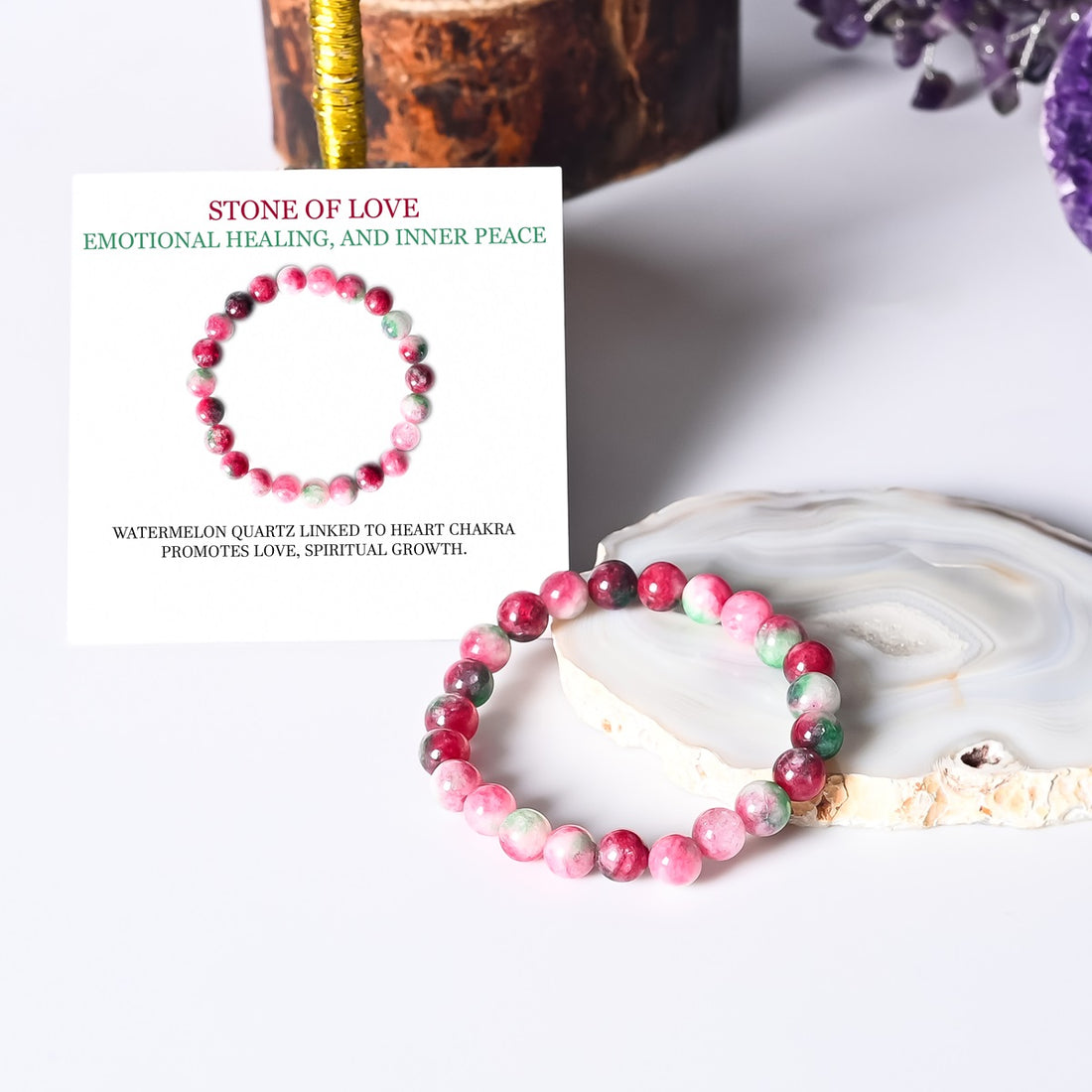Artistic representation symbolizing love, featuring the Watermelon Quartz Stretch Bracelet as a token of affection and positive emotional energies