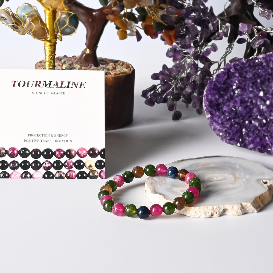 Stylish Multi Tourmaline Quartz Bracelet featuring 8mm beads, a harmonious fusion of balance, protection, and positive transformation on the wrist