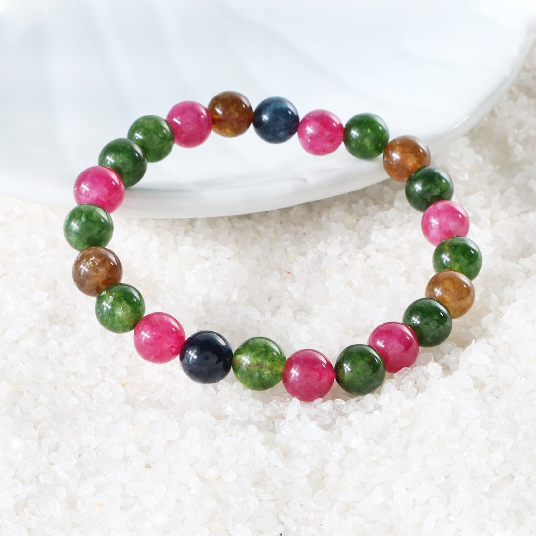 Stylish Multi Tourmaline Quartz Bracelet featuring 8mm beads, a harmonious fusion of balance, protection, and positive transformation on the wrist