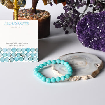 Stylish Amazonite Stretch Bracelet featuring 8mm beads, a manifestation of hope and tranquility, elegantly adorning the wrist