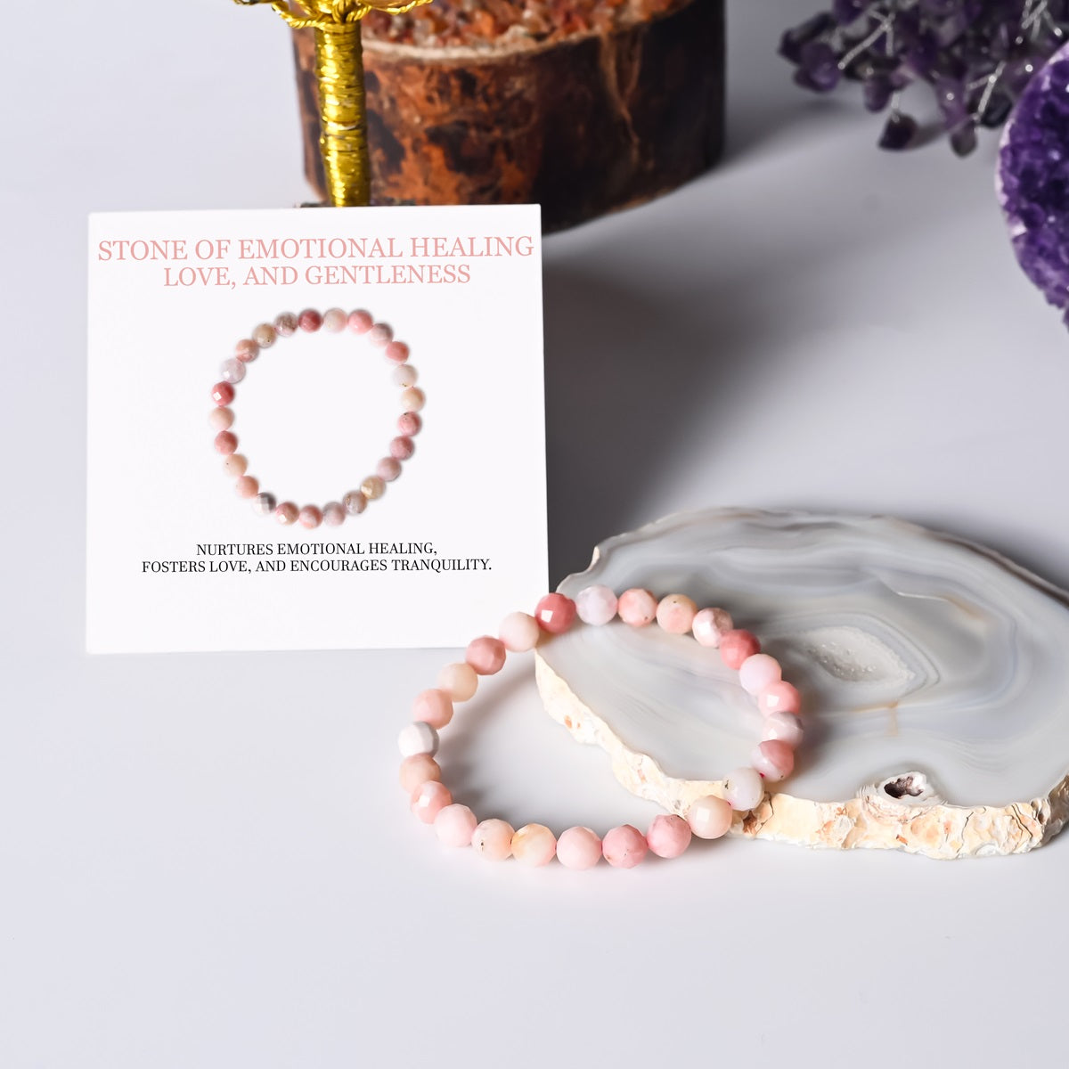 Visual representation of love and compassion associated with Pink Opal, fostering self-love and unconditional love for others, showcased in the bracelet