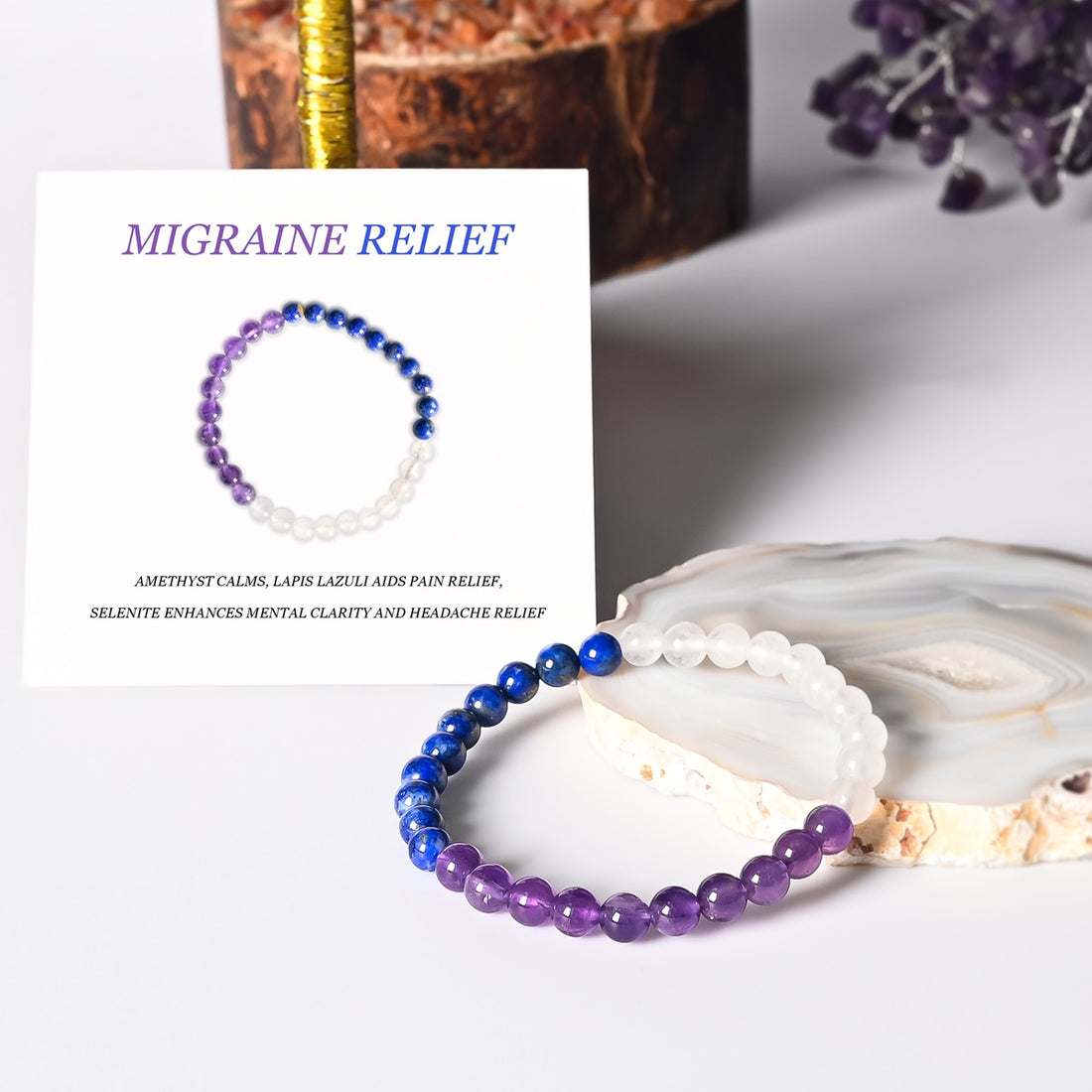 Stylish composition featuring the Migraine Relief Bracelet with healing gemstones