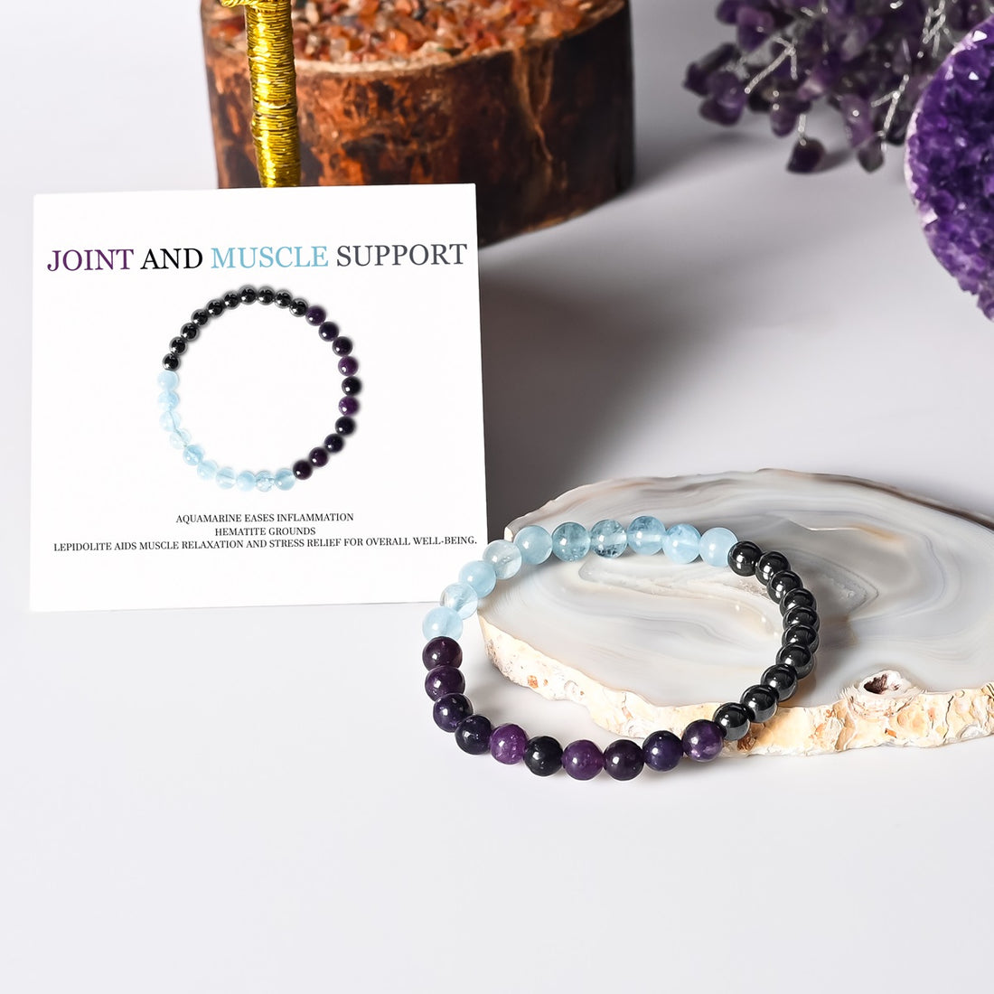 Joint & Muscle Support Bracelet - Aquamarine, Hematite, Lepidolite - 6mm Beads
