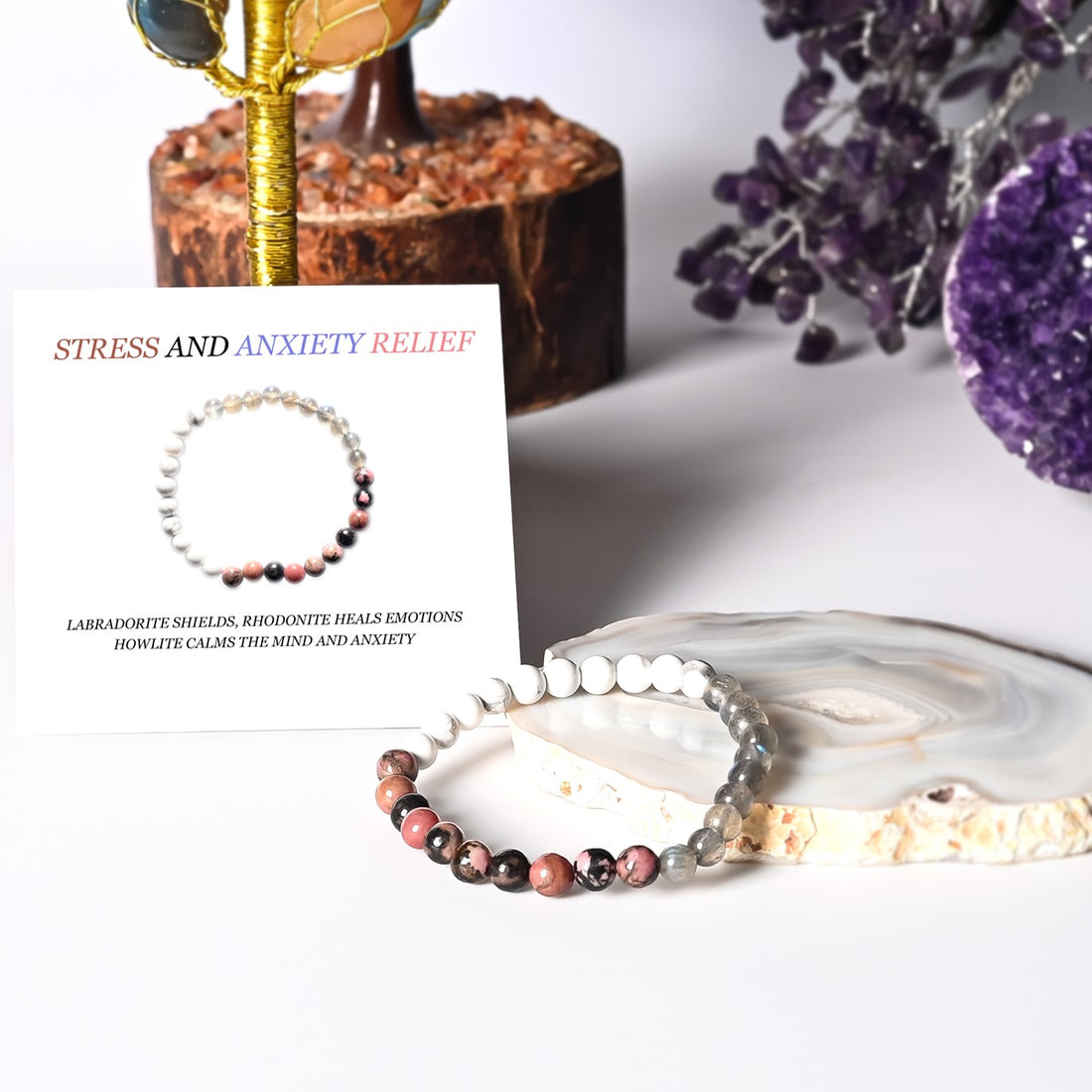 Stress & Anxiety Relief Bracelet - Labradorite, Rhodonite, Howlite - 6mm Beads