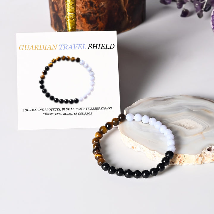 Safe Travel Bracelet - Black Tourmaline, Blue Lace Agate, Tiger's Eye - 6mm Beads