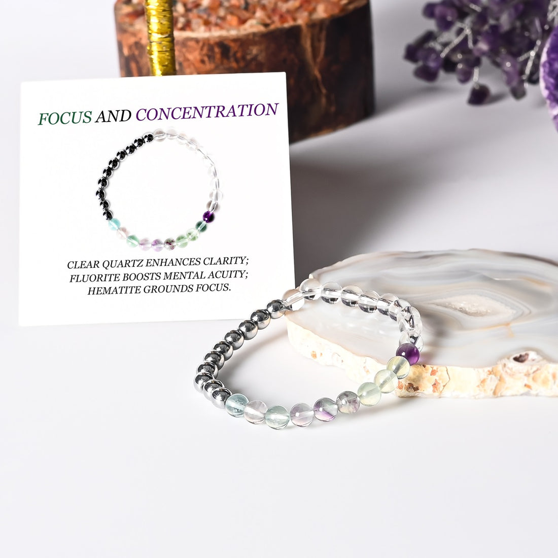 Symbolic representation of the Focus and Concentration Bracelet, designed with Clear Quartz, Fluorite, and Hematite for enhanced focus