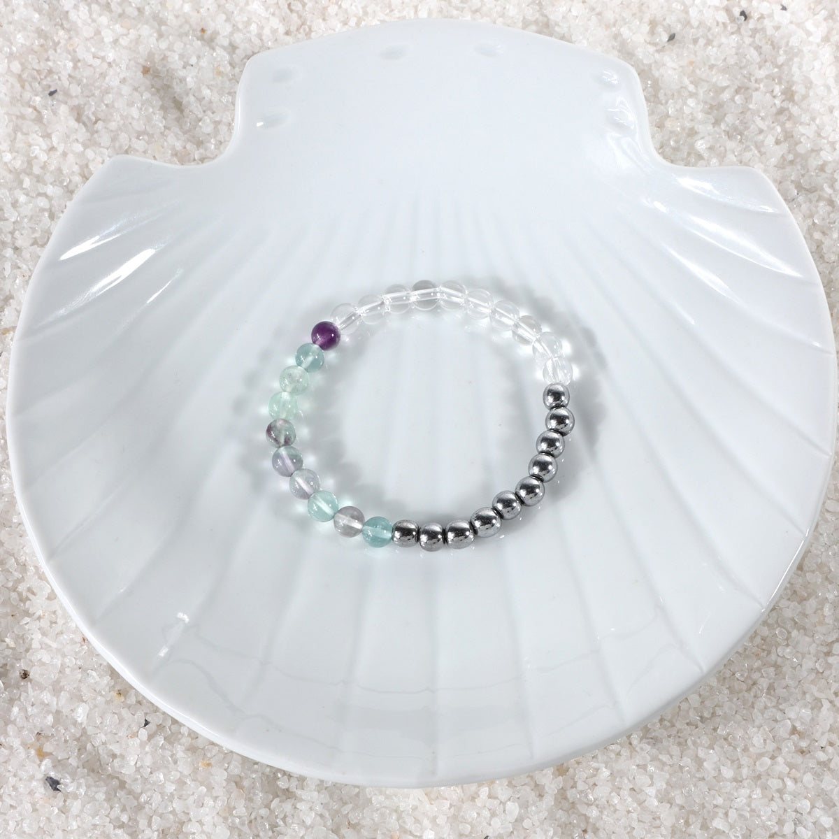 Gemstone arrangement in the Focus and Concentration Bracelet, emphasizing balanced focus and concentration with Clear Quartz, Fluorite, and Hematite