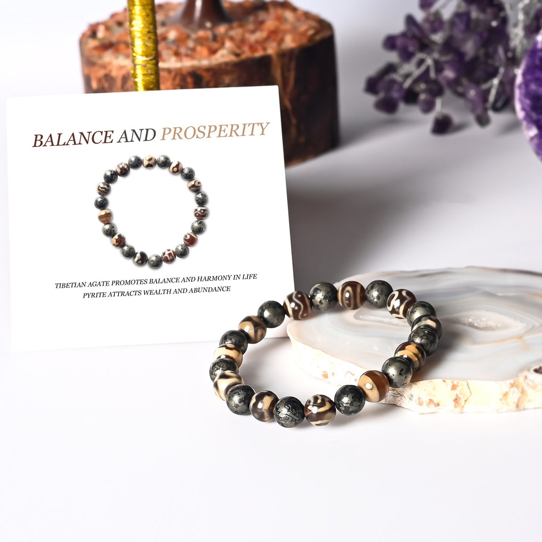 DZI Agate & Pyrite Harmony Bracelet with 8mm beads for balance, prosperity, and protection