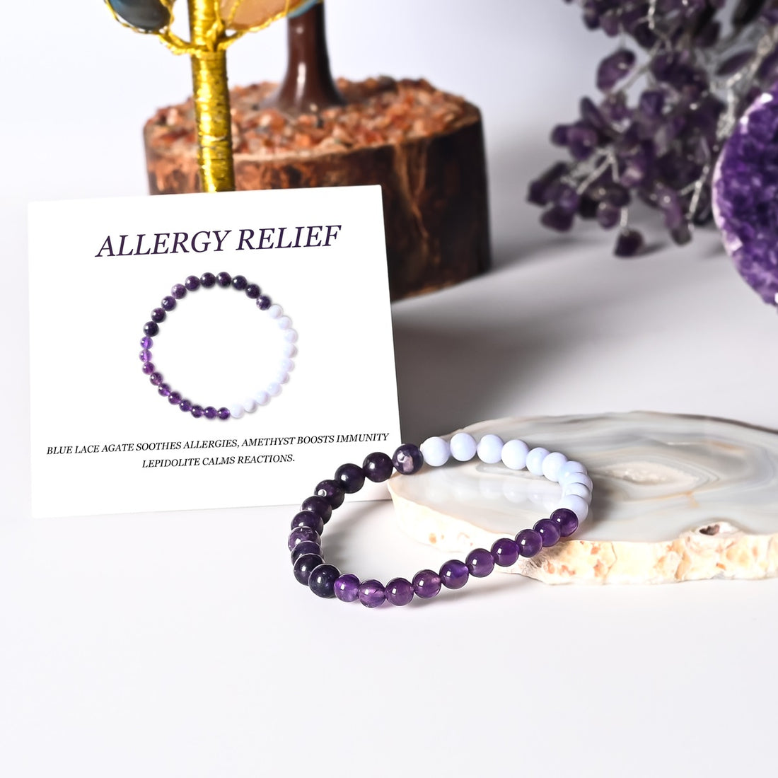 Stylish composition showcasing the Allergy Relief Bracelet with healing gemstone beads.