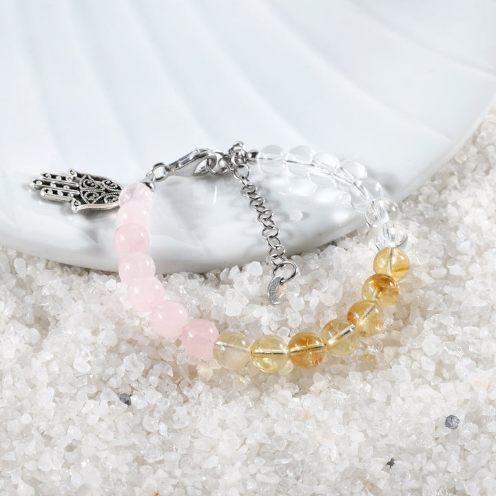 Citrine, Rose Quartz, Clear Quartz Bracelet with Hamsa Charm