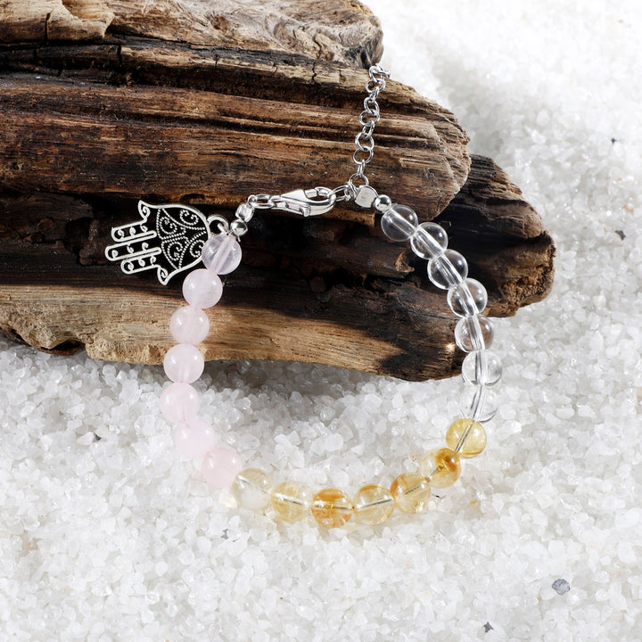 Citrine, Rose Quartz, Clear Quartz Bracelet with Hamsa Charm