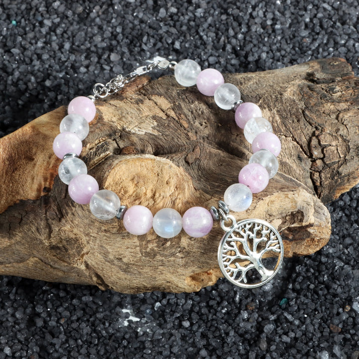 Kunzite and Rainbow Moonstone Bracelet with Tree of Life Charm