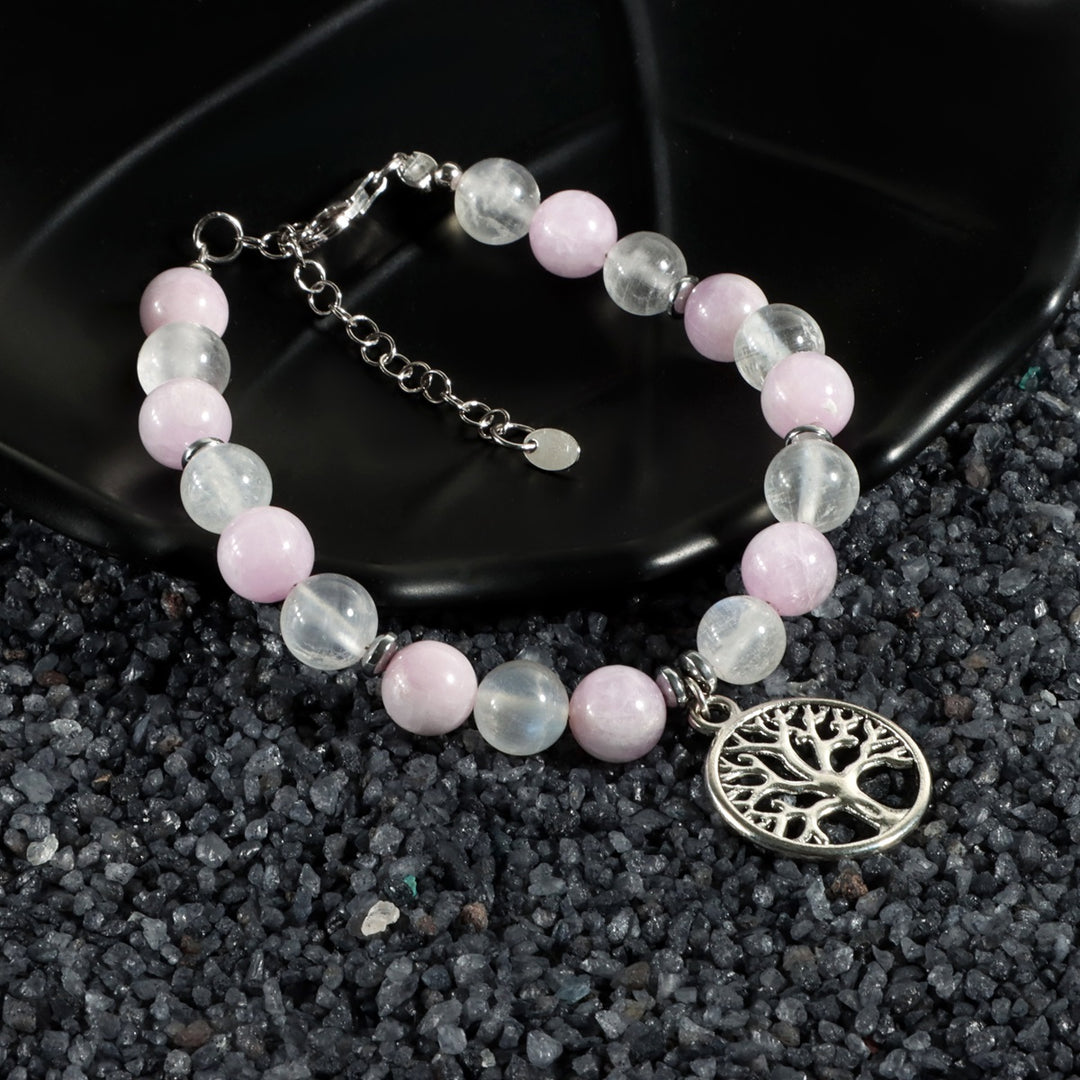 Kunzite and Rainbow Moonstone Bracelet with Tree of Life Charm