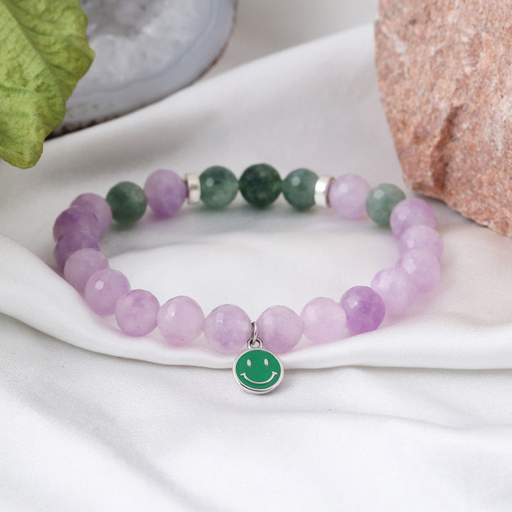 Purple and Green Quartz Silver Smiley Charm Bracelet