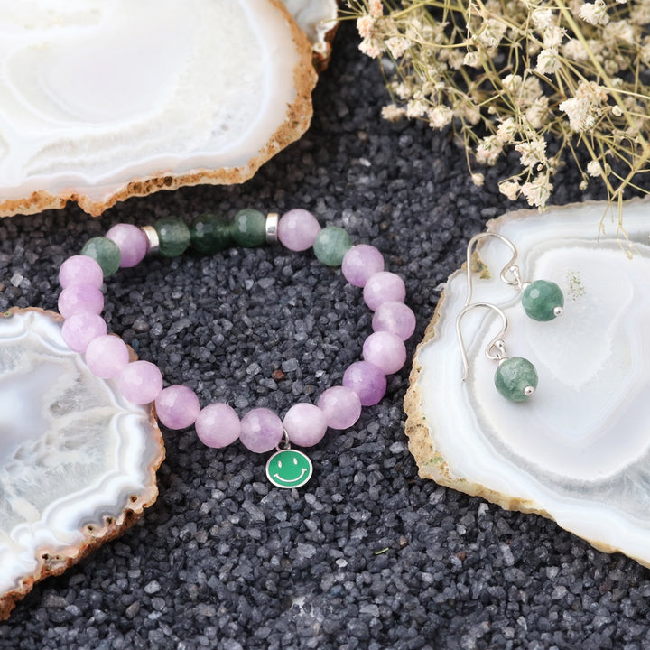 Purple and Green Quartz Jewelry Set - Bracelet and Earrings Combo