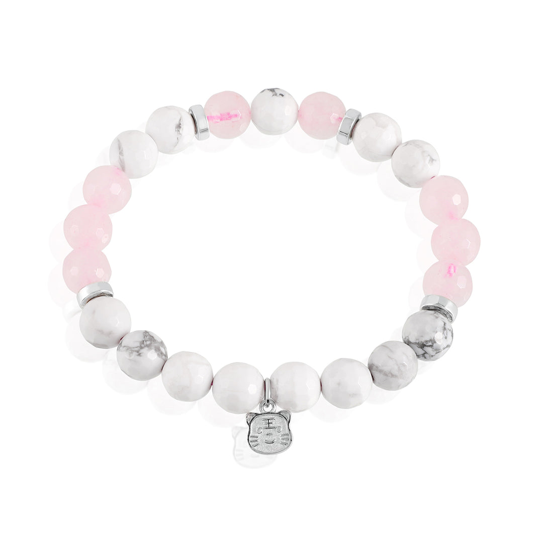 Howlite and Rose Quartz Silver Kitty Charm Bracelet