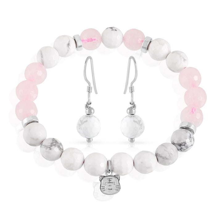 Howlite and Rose Quartz Jewelry Set - Bracelet and Earrings Combo