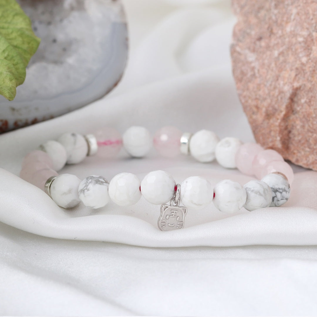 Howlite and Rose Quartz Silver Kitty Charm Bracelet