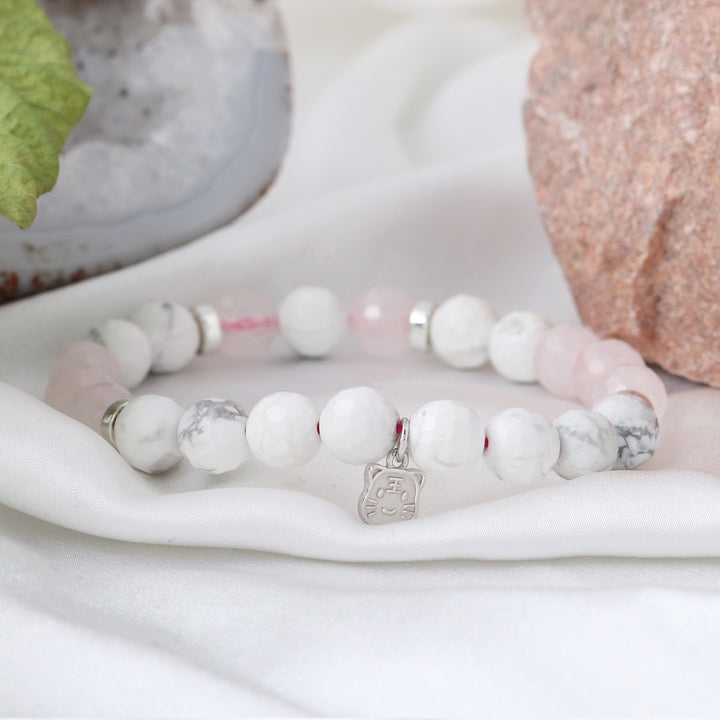 Howlite and Rose Quartz Silver Kitty Charm Bracelet