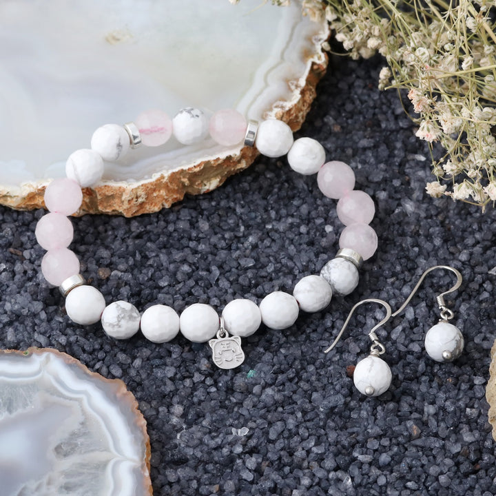 Howlite and Rose Quartz Jewelry Set - Bracelet and Earrings Combo