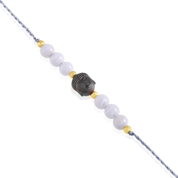 Blue Lace Agate Hematite Buddha Rakhi - Serenity & Grounding