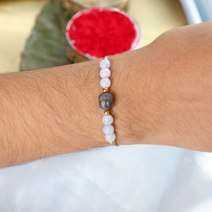 Blue Lace Agate Hematite Buddha Rakhi - Serenity & Grounding