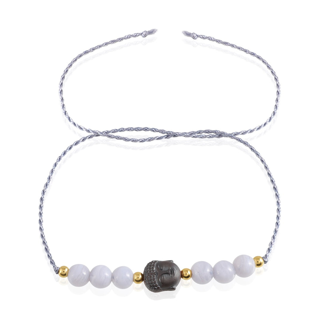 Blue Lace Agate Hematite Buddha Rakhi - Serenity & Grounding