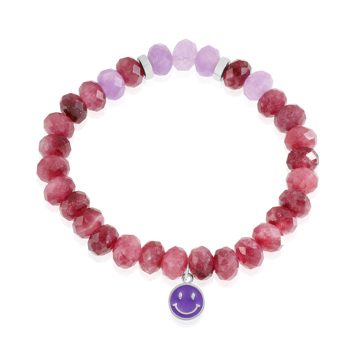 Red & Purple Quartz Silver Smiley Charm Bracelet