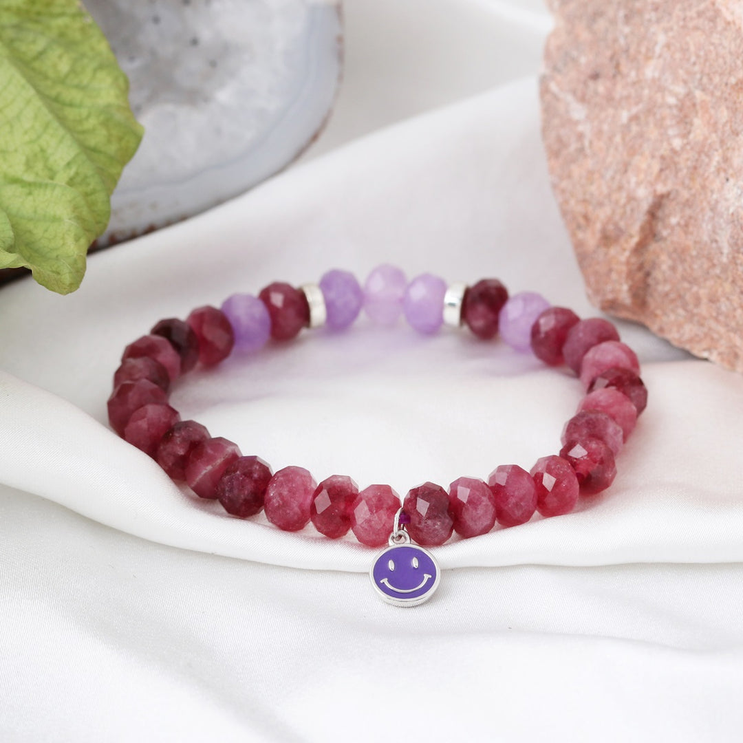 Red & Purple Quartz Silver Smiley Charm Bracelet