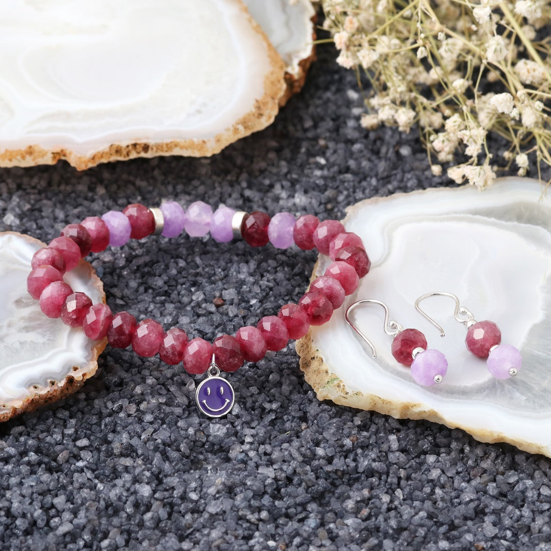 Red and Purple Quartz Jewelry Set - Bracelet and Earrings Combo