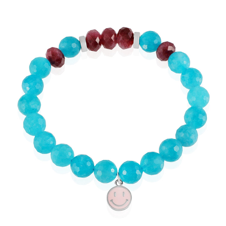 Blue and Red Quartz Silver Smiley Charm Bracelet