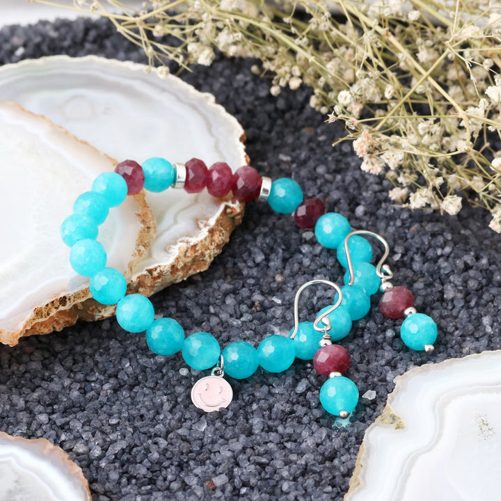 Blue and Red Quartz Jewelry Set - Bracelet and Earrings Combo