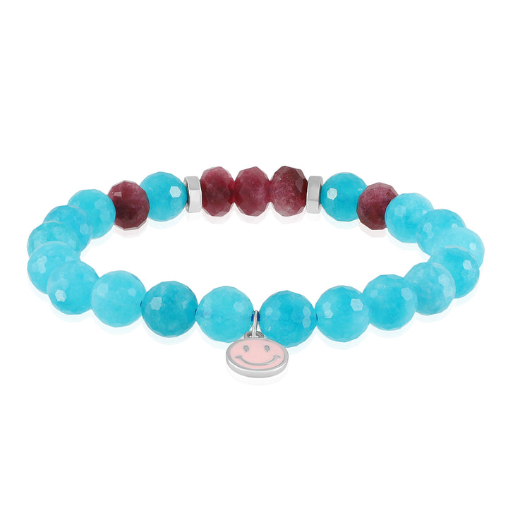 Blue and Red Quartz Silver Smiley Charm Bracelet