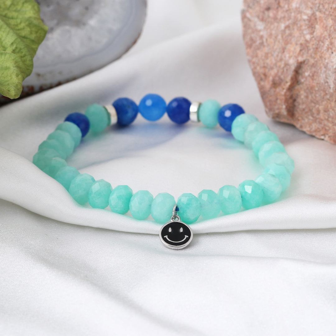 Green & Blue Quartz Silver Smiley Charm Bracelet