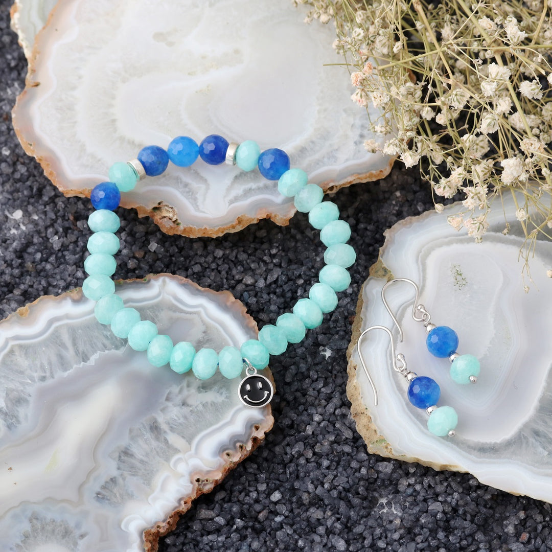 Green and Blue Quartz Jewelry Set - Bracelet and Earrings Combo