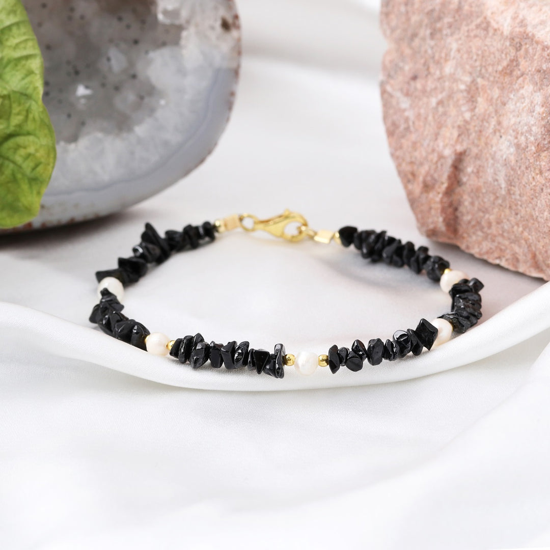 Black Tourmaline and Pearl Silver Bracelet - Protection & Purity