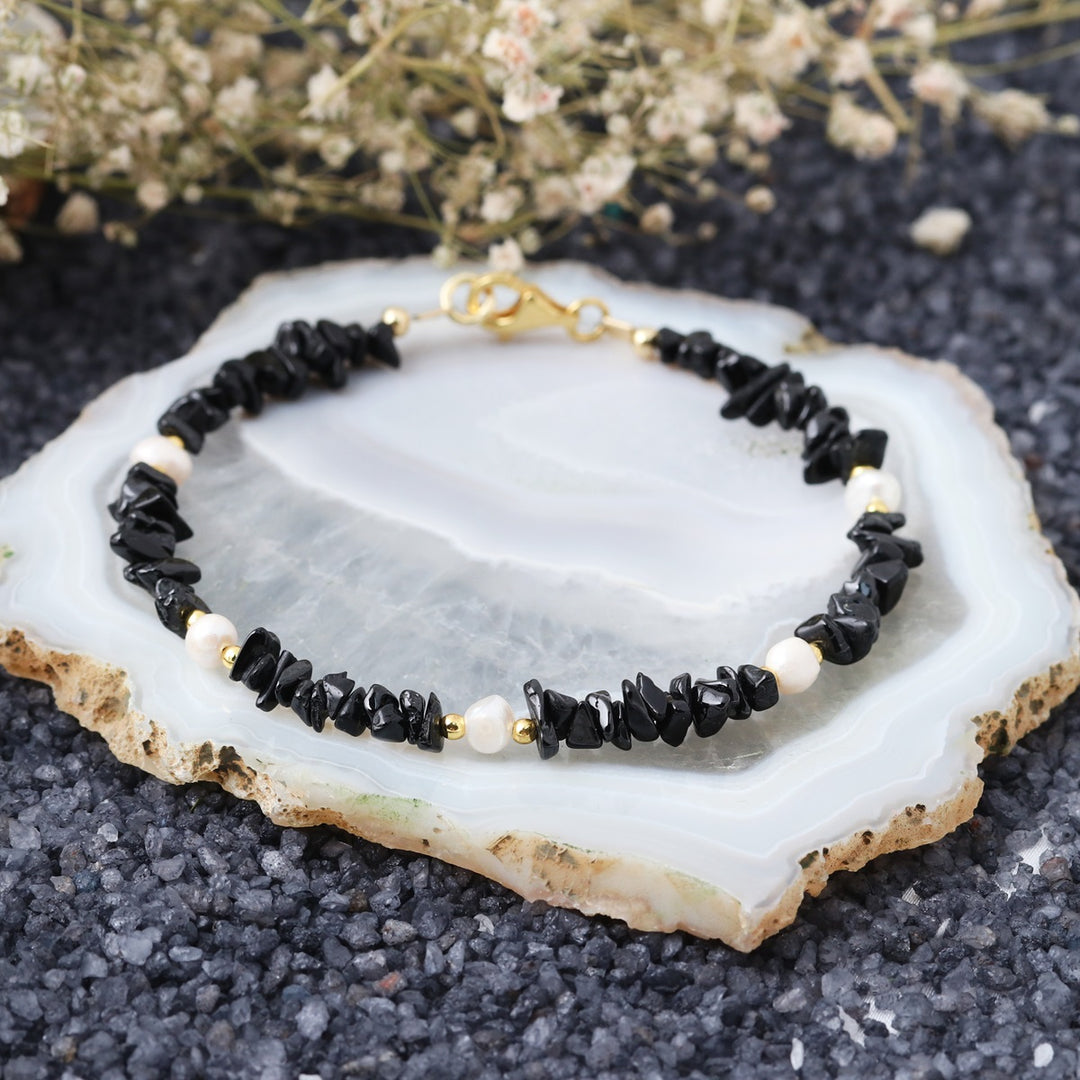 Black Tourmaline and Pearl Silver Bracelet - Protection & Purity