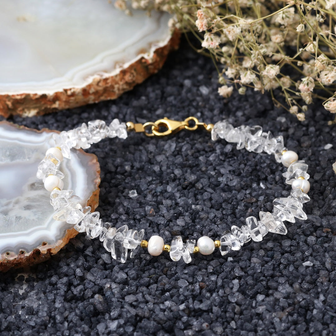 Clear Quartz and Pearl Silver Bracelet - Elegance & Clarity