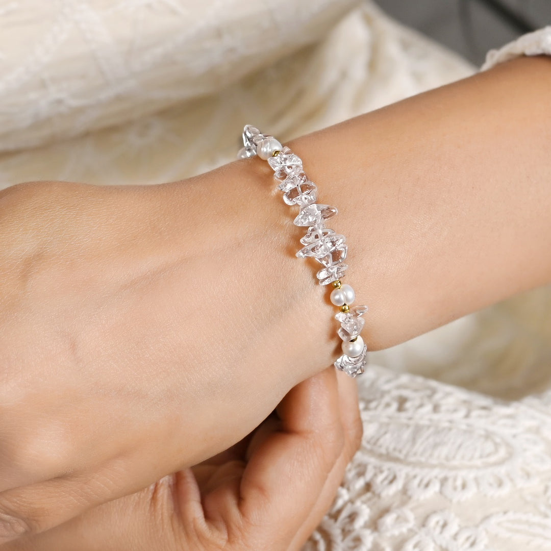 Clear Quartz and Pearl Silver Bracelet - Elegance & Clarity