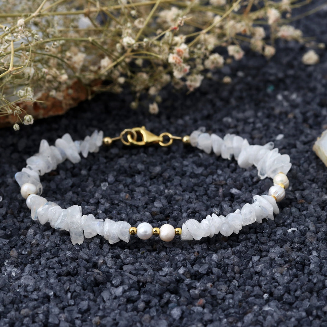 Rainbow Moonstone and Pearl Silver Bracelet - Mystical Harmony & Purity