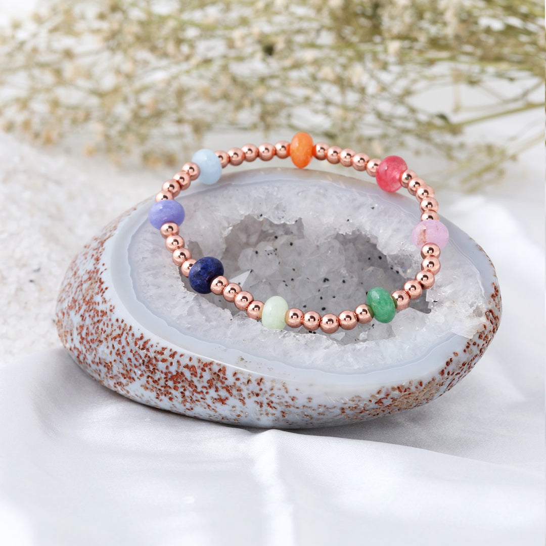 Multicolor Quartz & Rose Gold Hematite Stretch Bracelet