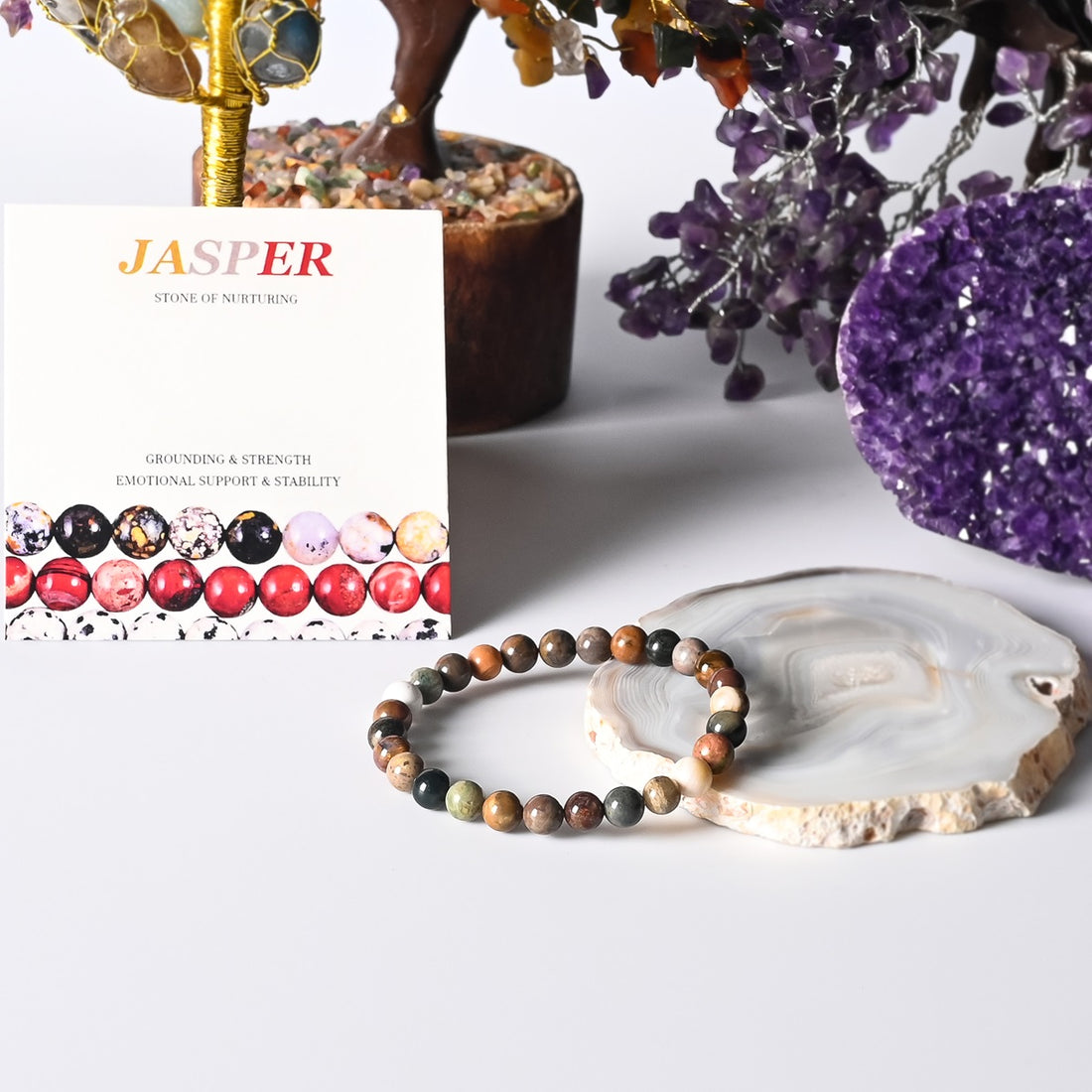 Stylish Ocean Jasper Stretch Bracelet adorned with multicolor 6mm beads, a nurturing stone promoting harmony and emotional healing.
