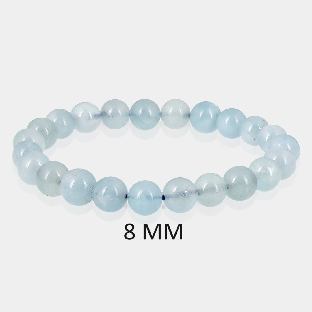 Detailed view showcasing the exquisite 6mm and 8mm smooth round Aquamarine beads, highlighting their tranquil blue hues