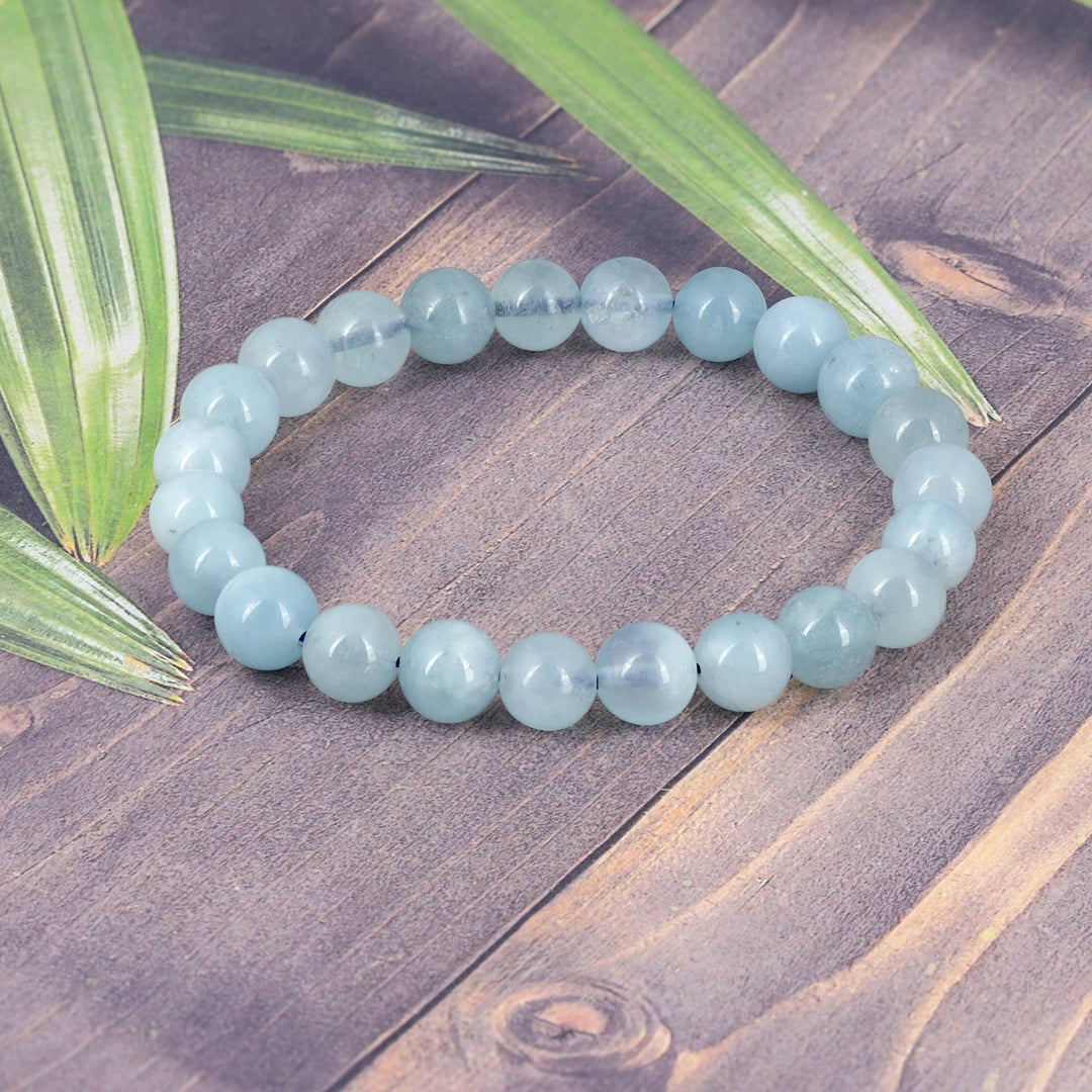 Stunning shot of the Aquamarine Bracelet in natural light, highlighting its beauty and the calming energies it brings