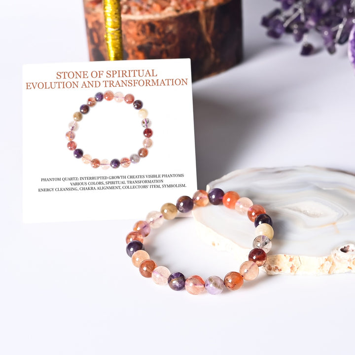 Stylish Phantom Quartz Stretch Bracelet featuring vibrant 8mm smooth round beads, symbolizing personal transformation and spiritual evolution