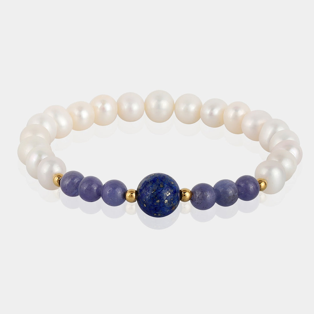 Handmade Gemstone Stretch Bracelet with Pearl, Tanzanite, Lapis Lazuli, Hematite, White, Blue, Gold, Comfort Fit