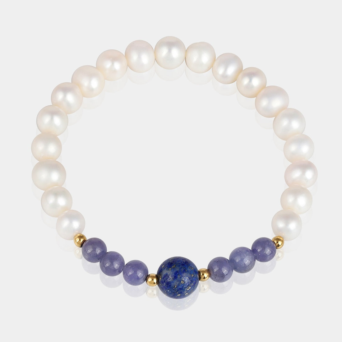 Handmade Gemstone Stretch Bracelet with Pearl, Tanzanite, Lapis Lazuli, Hematite, White, Blue, Gold, Comfort Fit