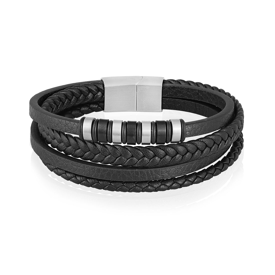 Black leather braided multi-layer bracelet